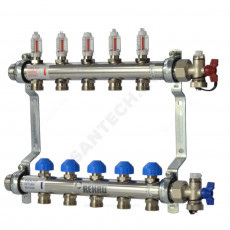 Группа коллекторная нержавеющая сталь 1" НР/НР 5 вых 3/4" НР под евроконус с расходомерами HKV-D Rehau 12080511002