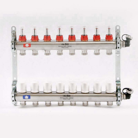Коллекторная группа из нержавеющей стали с термостатическими вентилями и расходомерами UNI-FITT 1"x3/4"ЕК 8 выходов