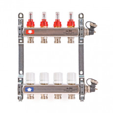 Колл.группа 1" х 4 вых 3/4" с расходомерами и термостатическими вентилями, нерж. сталь