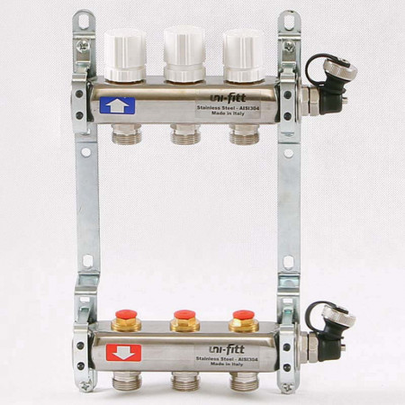 Коллекторная группа из нержавеющей стали с регулировочными и термостатическими вентилями UNI-FITT 1"x3/4"ЕК 3 выхода