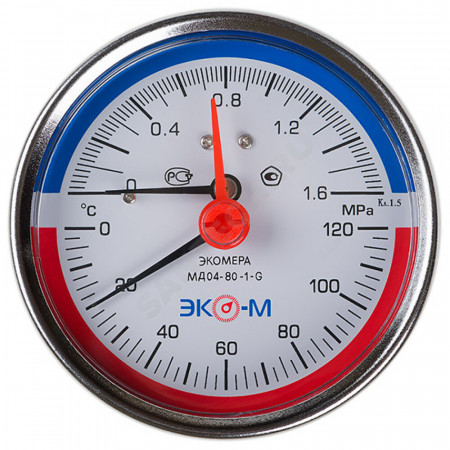 Термоманометр МД04 осевой Дк80 0-0,6 МПа L=40мм G1/4" 120С с переходником на G1/2" ЭКОМЕРА МД04-80-G-0,6МПа-120-L-40-ОИ