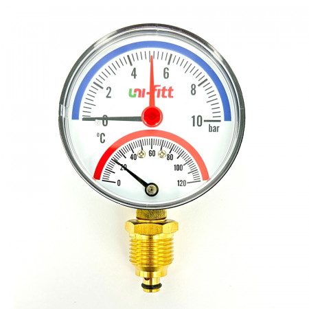 Термоманометр радиальный 10 бар, 120 C, диаметр 80 мм, 1/2"Н