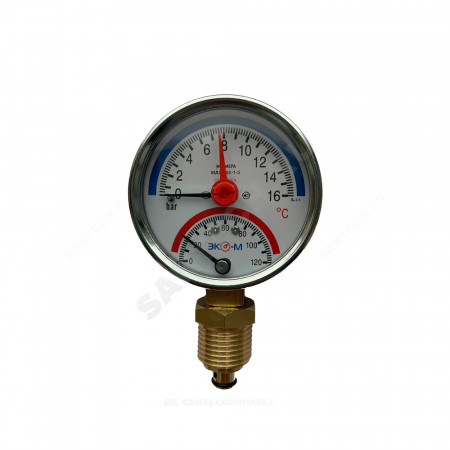 Термоманометр МД04 радиальный Дк80 0-1,6 МПа L=60мм G1/4" 160С с переходником на G1/2" ЭКОМЕРА МД04-80-G-1,6МПа-160-L-60-РИ